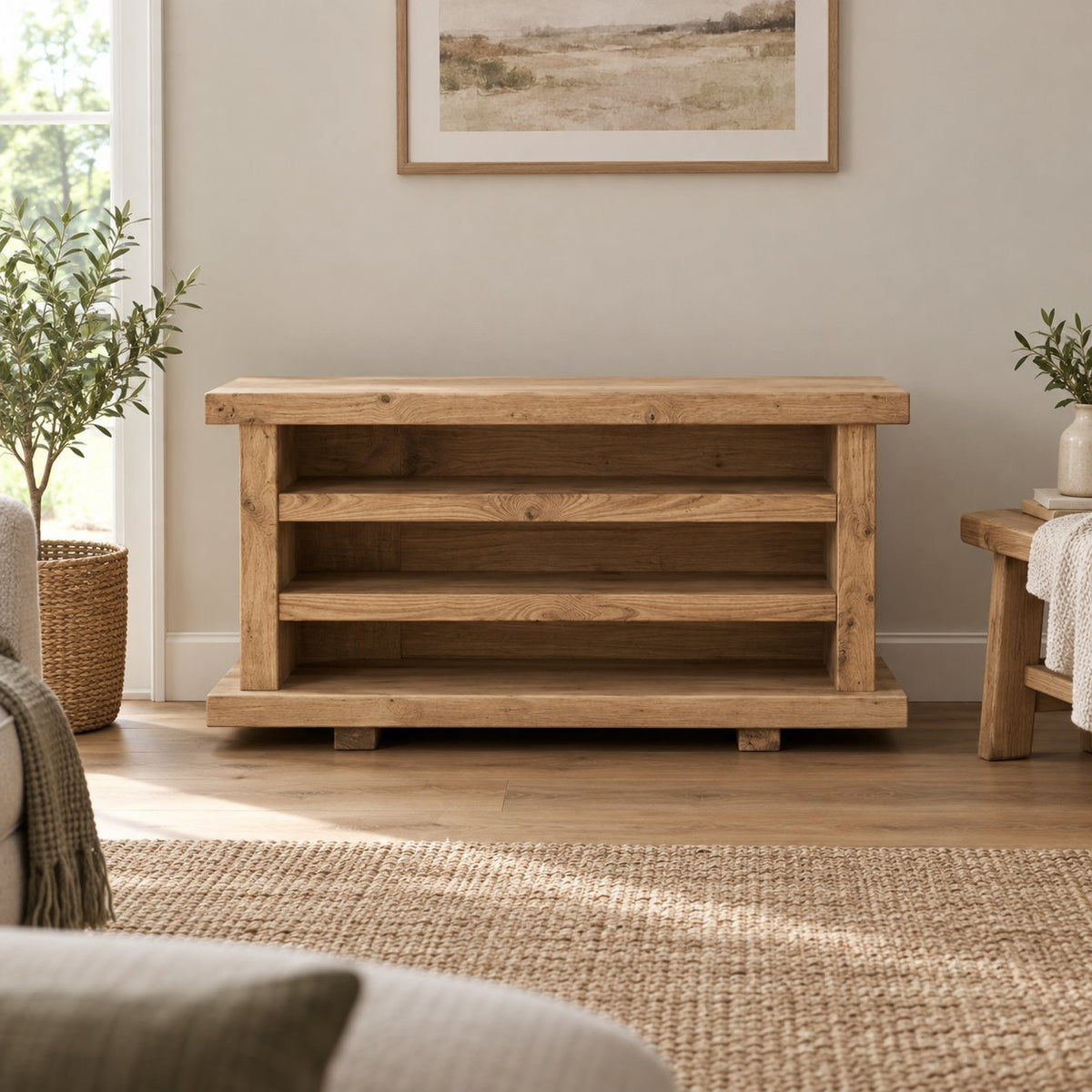 Rustic Chunky-Plank Corner TV Stand, Solid Wood Media Console with Open Shelves in Warm Oak Tone
