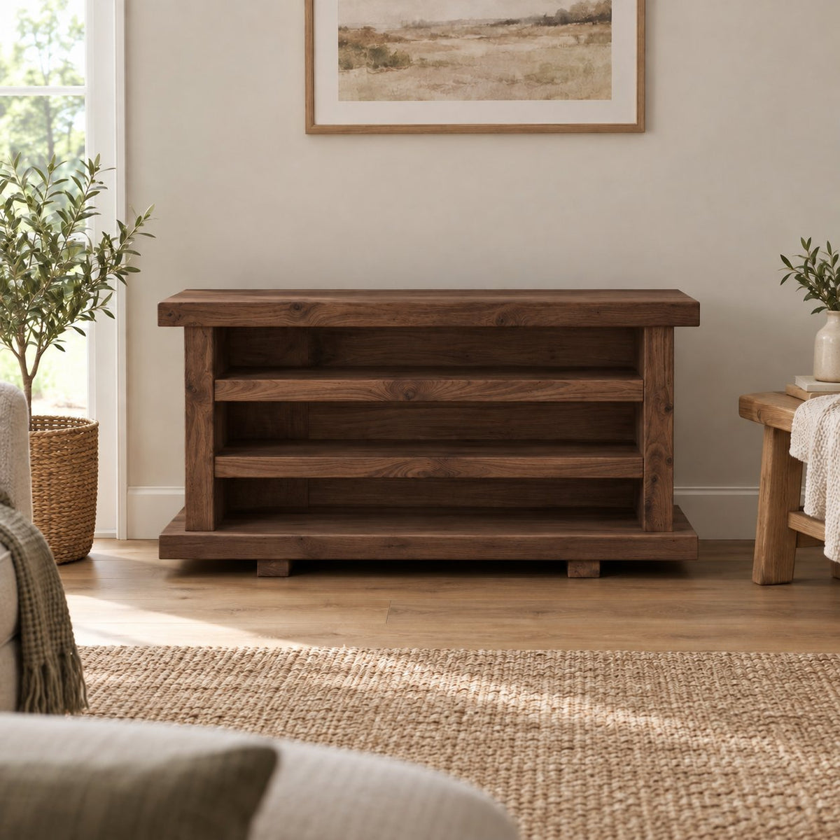 Rustic Chunky-Plank Corner TV Stand, Solid Wood Media Console with Open Shelves in Warm Oak Tone