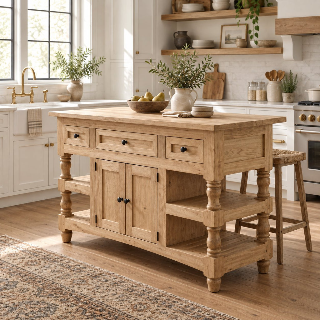 Butcher-Block Solid Pine Kitchen Island with Turned Legs, Slatted Shelves & Storage Cabinet