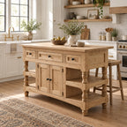 Butcher-Block Solid Pine Kitchen Island with Turned Legs, Slatted Shelves & Storage Cabinet