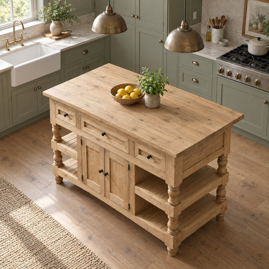 Butcher-Block Solid Pine Kitchen Island with Turned Legs, Slatted Shelves & Storage Cabinet