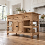 Butcher-Block Solid Pine Kitchen Island with Turned Legs, Slatted Shelves & Storage Cabinet