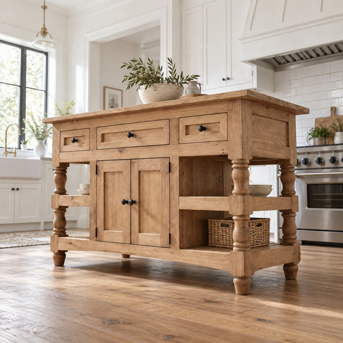 Butcher-Block Solid Pine Kitchen Island with Turned Legs, Slatted Shelves & Storage Cabinet