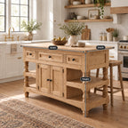 Butcher-Block Solid Pine Kitchen Island with Turned Legs, Slatted Shelves & Storage Cabinet