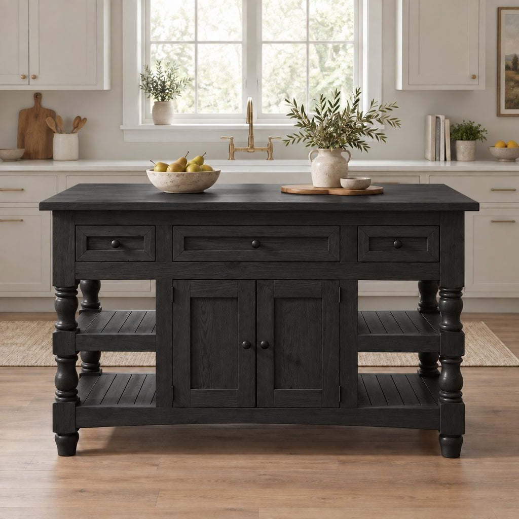 Butcher-Block Solid Pine Kitchen Island with Turned Legs, Slatted Shelves & Storage Cabinet