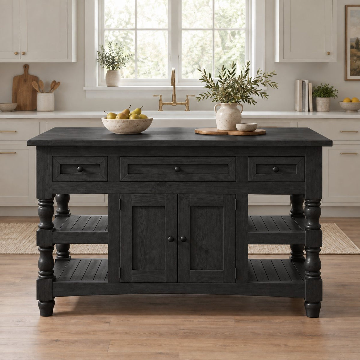Butcher-Block Solid Pine Kitchen Island with Turned Legs, Slatted Shelves & Storage Cabinet