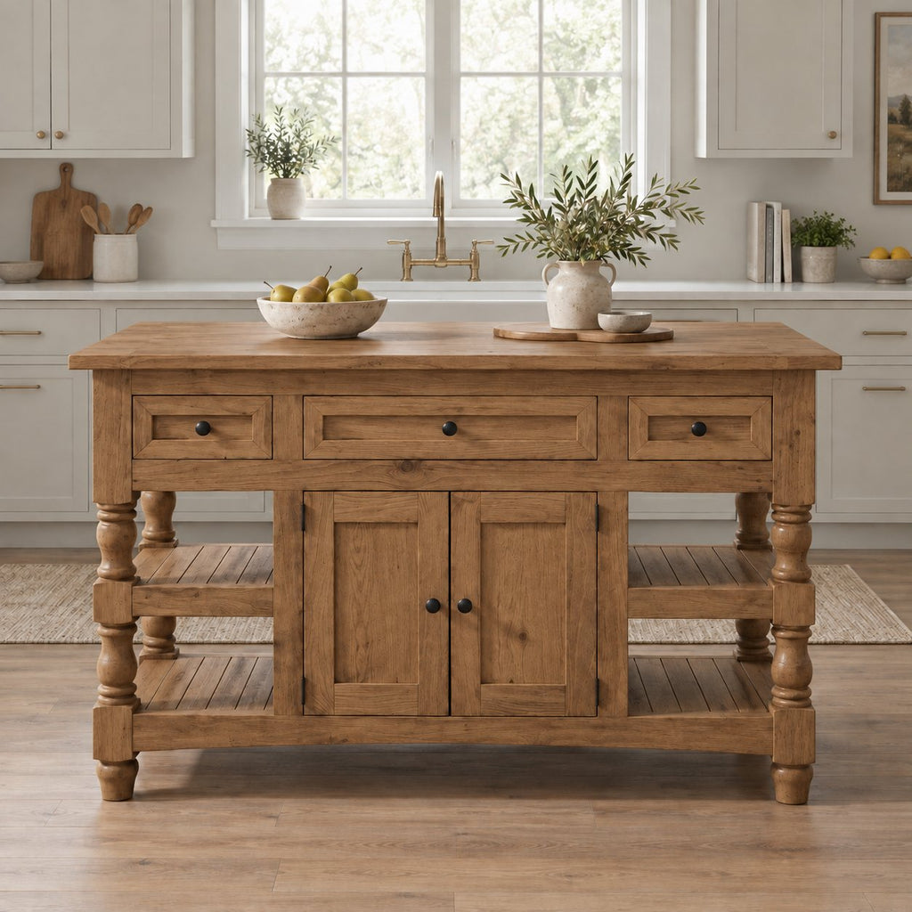 Butcher-Block Solid Pine Kitchen Island with Turned Legs, Slatted Shelves & Storage Cabinet