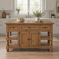 Butcher-Block Solid Pine Kitchen Island with Turned Legs, Slatted Shelves & Storage Cabinet