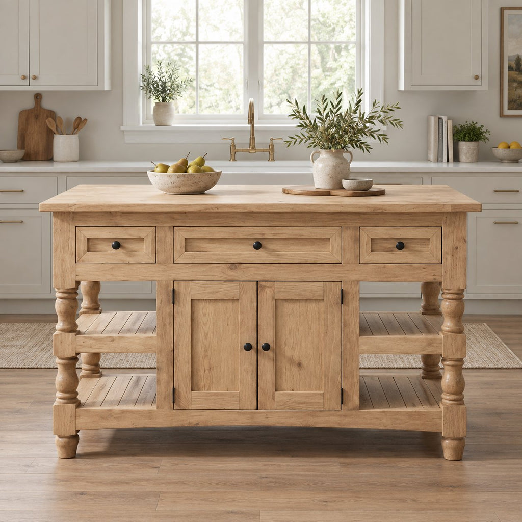 Butcher-Block Solid Pine Kitchen Island with Turned Legs, Slatted Shelves & Storage Cabinet