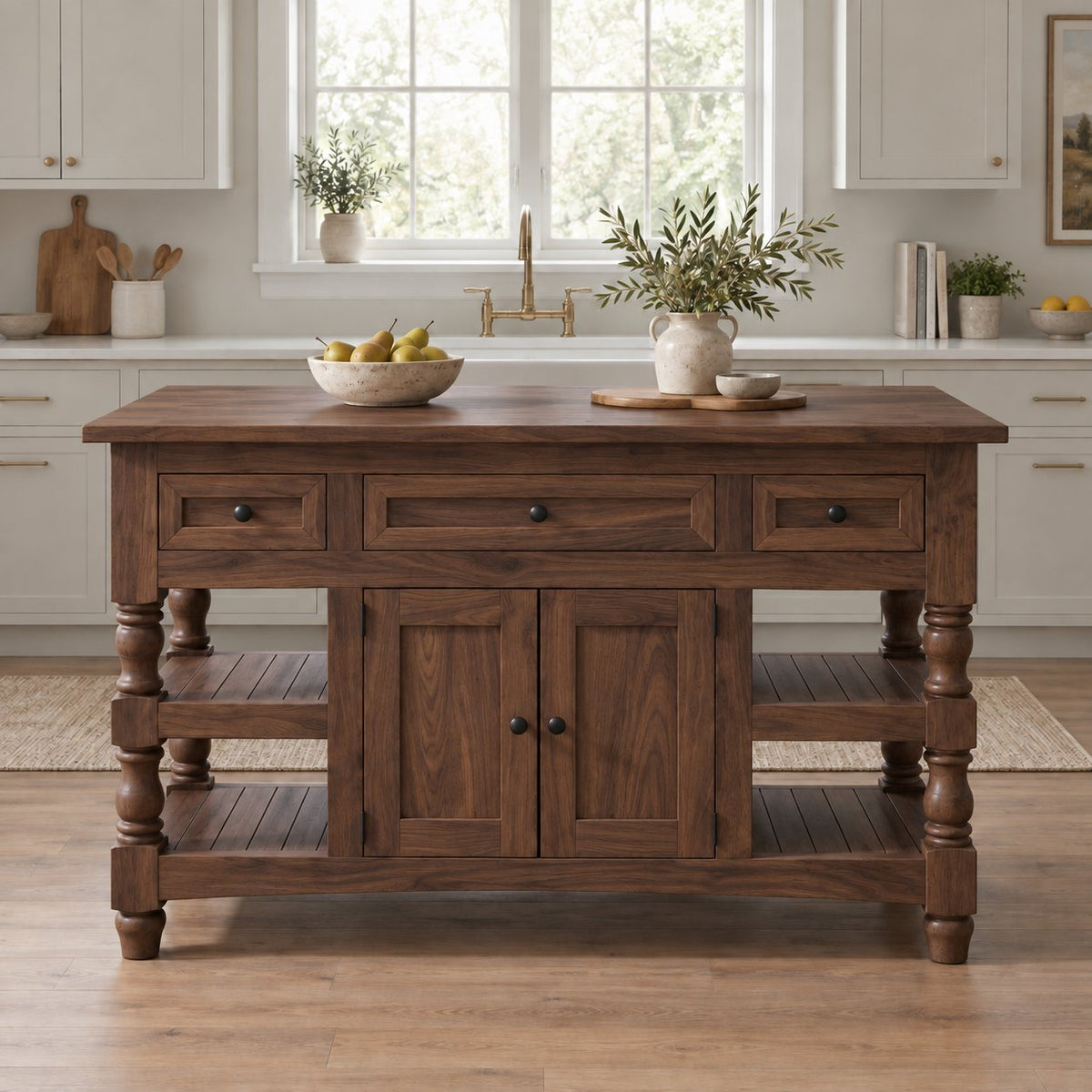 Butcher-Block Solid Pine Kitchen Island with Turned Legs, Slatted Shelves & Storage Cabinet