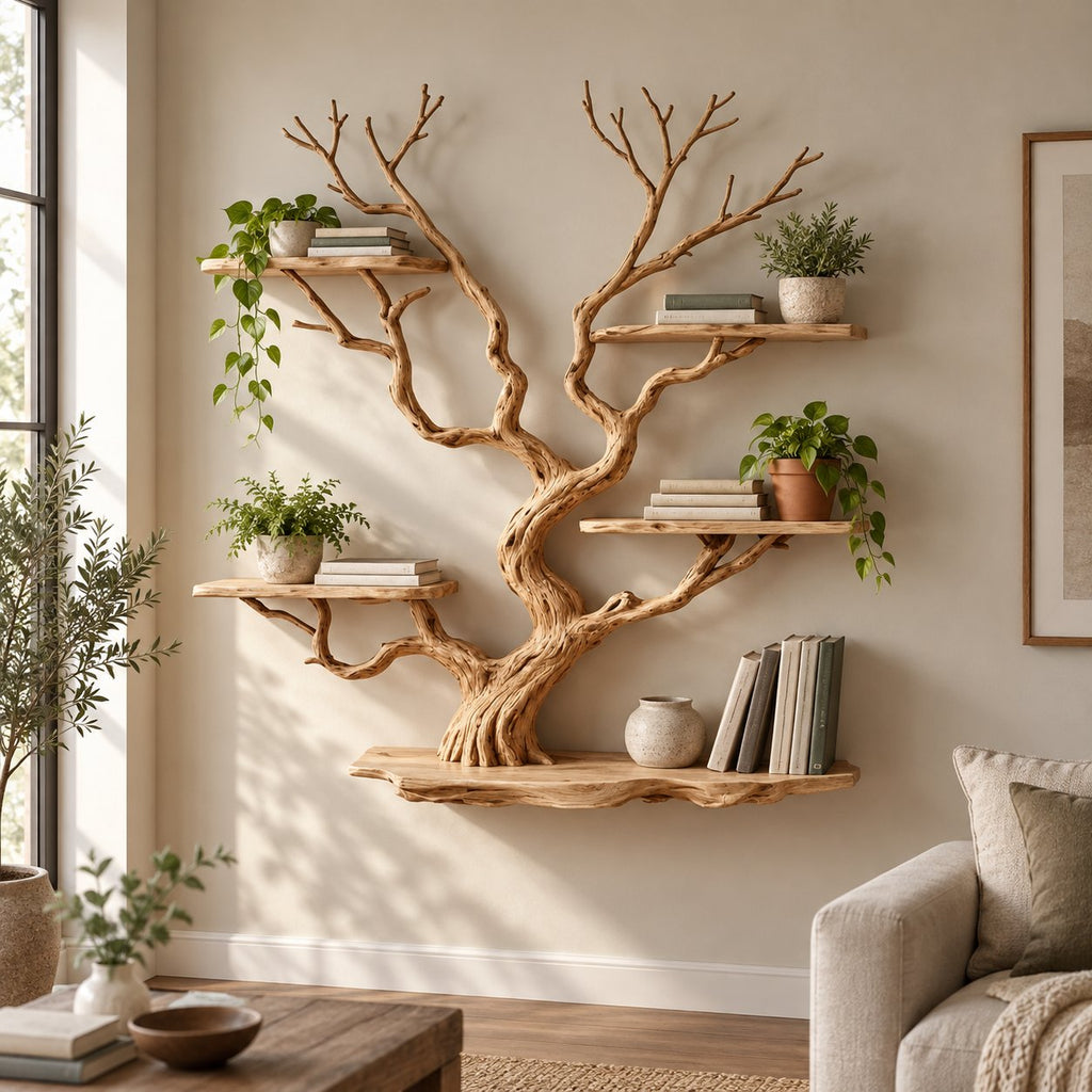Tree-Branch Bookshelf, Sculptural Solid Wood Wall-Mounted Shelf with Live-Edge Platforms in Natural Oak