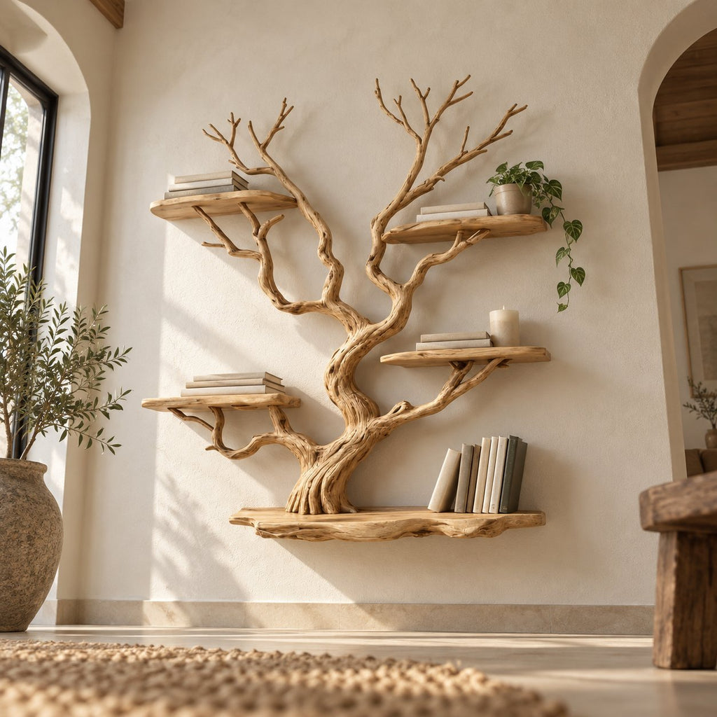 Tree-Branch Bookshelf, Sculptural Solid Wood Wall-Mounted Shelf with Live-Edge Platforms in Natural Oak