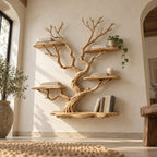 Tree-Branch Bookshelf, Sculptural Solid Wood Wall-Mounted Shelf with Live-Edge Platforms in Natural Oak