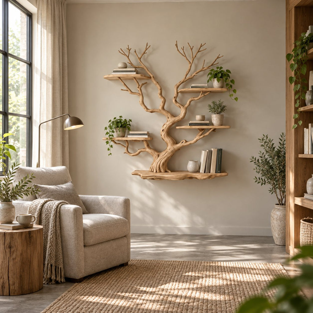 Tree-Branch Bookshelf, Sculptural Solid Wood Wall-Mounted Shelf with Live-Edge Platforms in Natural Oak