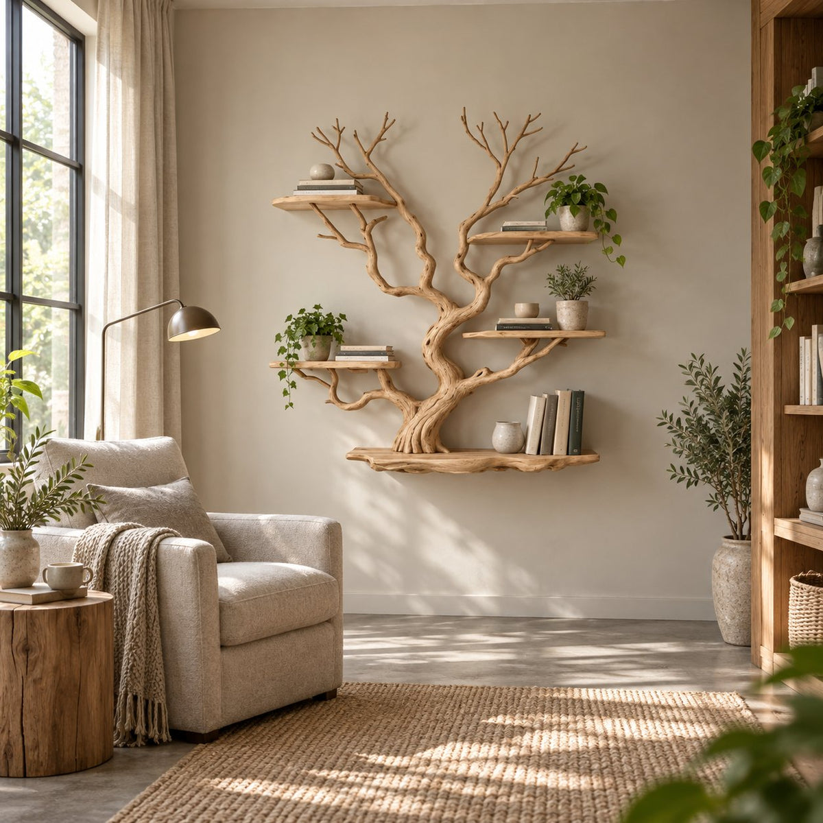 Tree-Branch Bookshelf, Sculptural Solid Wood Wall-Mounted Shelf with Live-Edge Platforms in Natural Oak