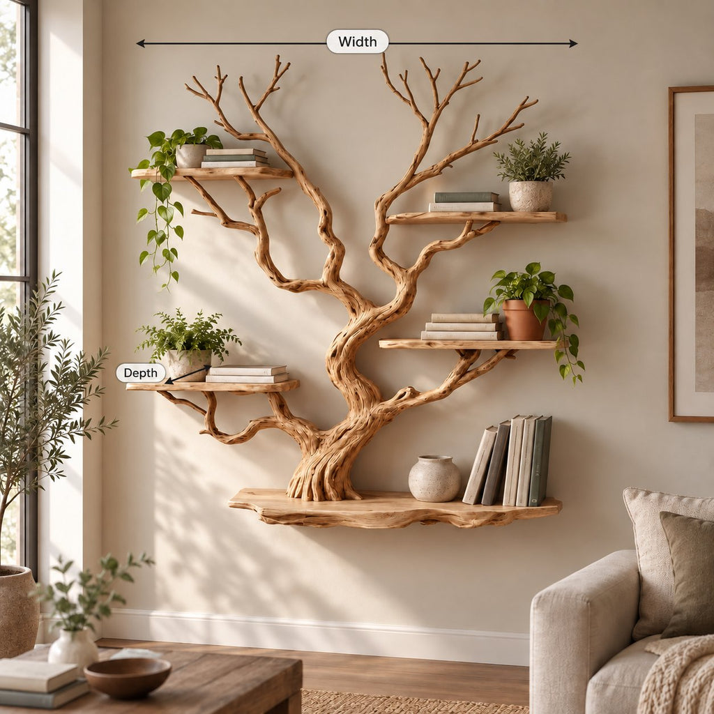 Tree-Branch Bookshelf, Sculptural Solid Wood Wall-Mounted Shelf with Live-Edge Platforms in Natural Oak