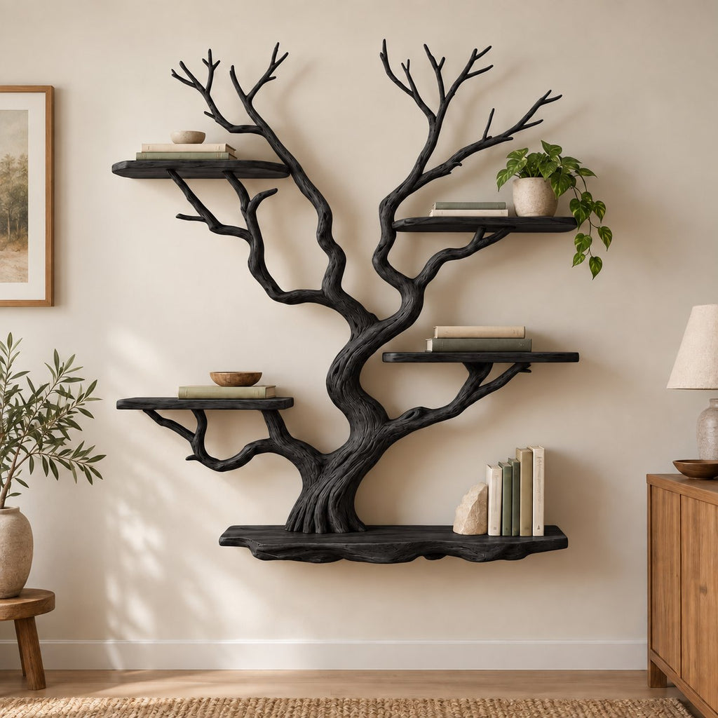 Tree-Branch Bookshelf, Sculptural Solid Wood Wall-Mounted Shelf with Live-Edge Platforms in Natural Oak