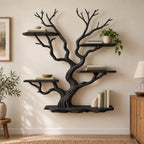 Tree-Branch Bookshelf, Sculptural Solid Wood Wall-Mounted Shelf with Live-Edge Platforms in Natural Oak