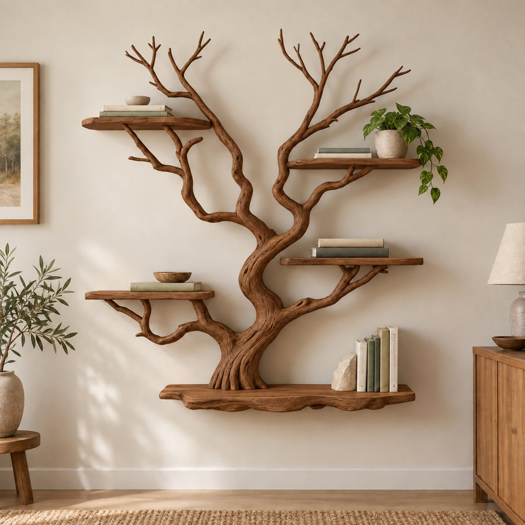 Tree-Branch Bookshelf, Sculptural Solid Wood Wall-Mounted Shelf with Live-Edge Platforms in Natural Oak