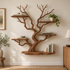 Tree-Branch Bookshelf, Sculptural Solid Wood Wall-Mounted Shelf with Live-Edge Platforms in Natural Oak