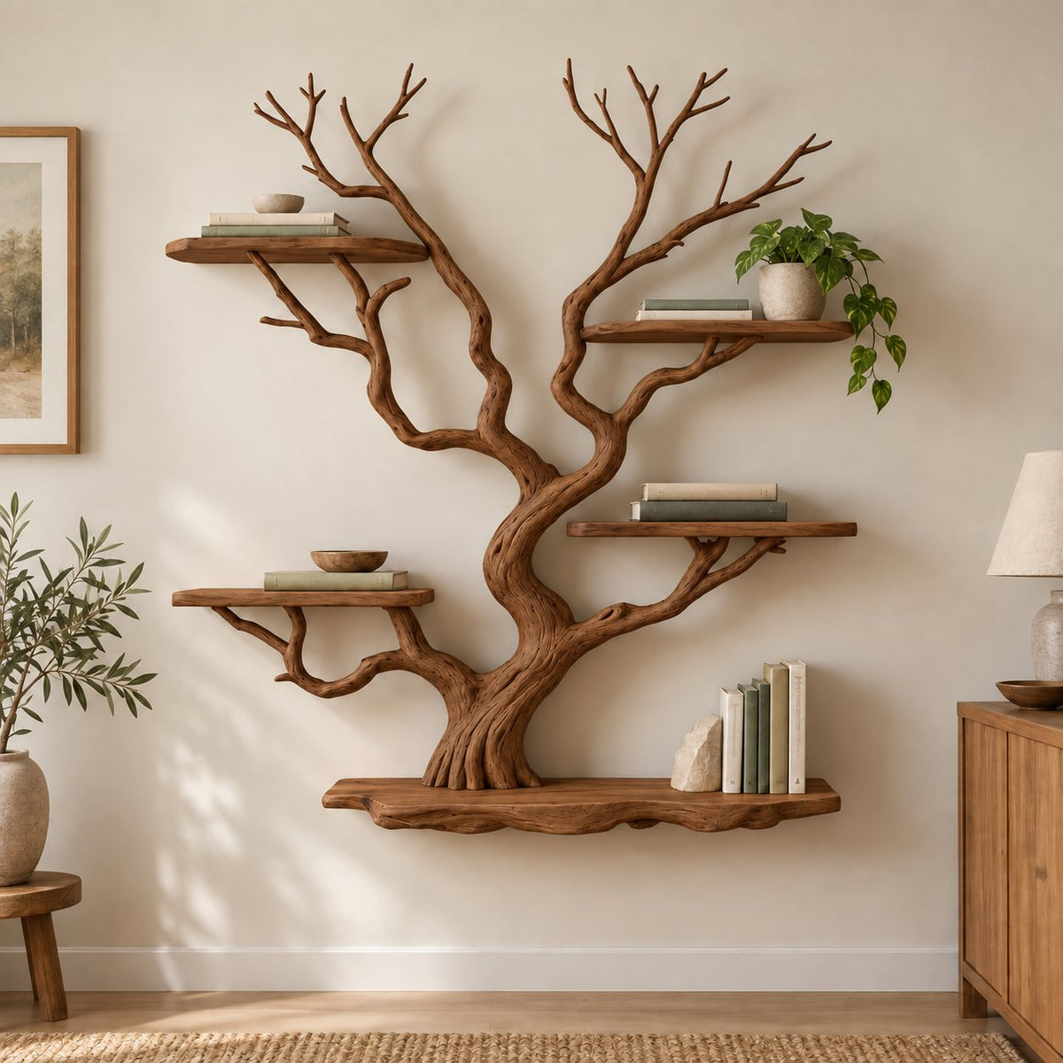 Tree-Branch Bookshelf, Sculptural Solid Wood Wall-Mounted Shelf with Live-Edge Platforms in Natural Oak