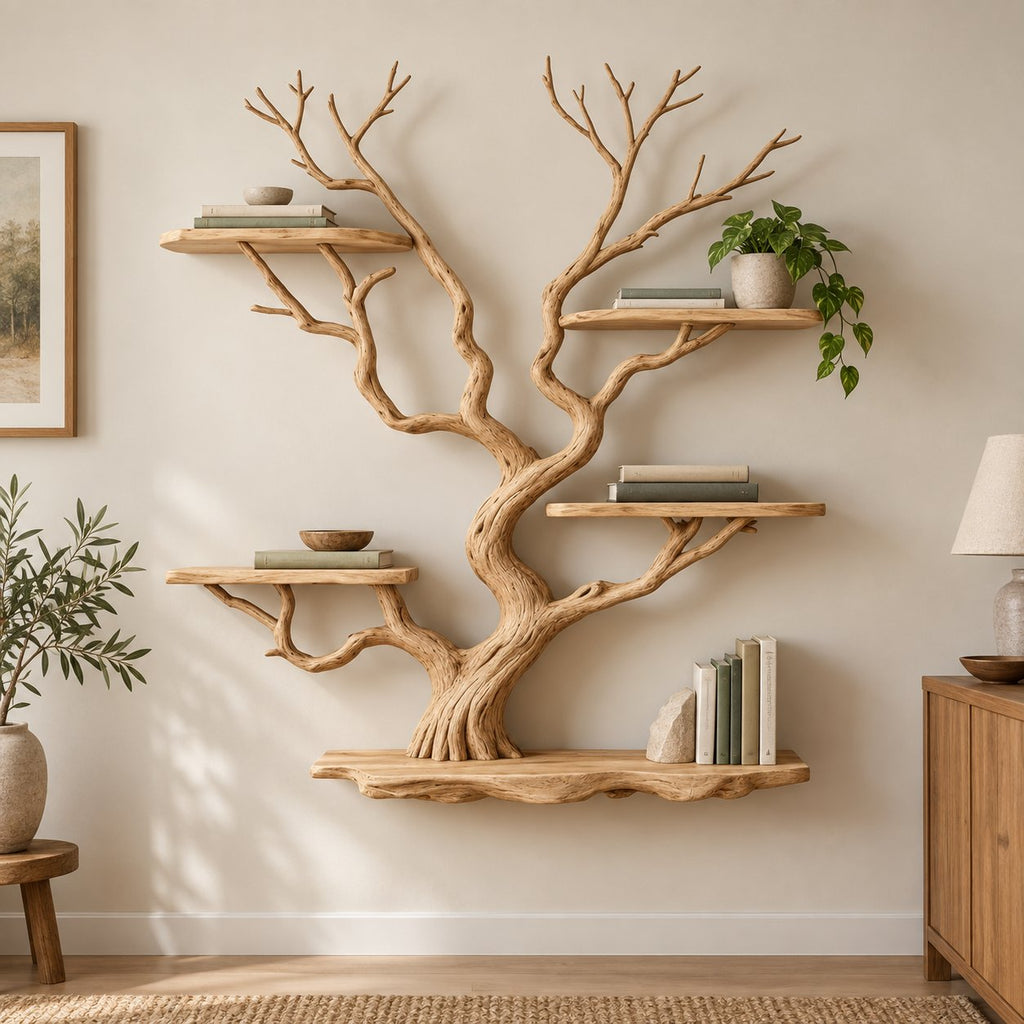 Tree-Branch Bookshelf, Sculptural Solid Wood Wall-Mounted Shelf with Live-Edge Platforms in Natural Oak