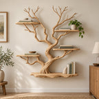 Tree-Branch Bookshelf, Sculptural Solid Wood Wall-Mounted Shelf with Live-Edge Platforms in Natural Oak
