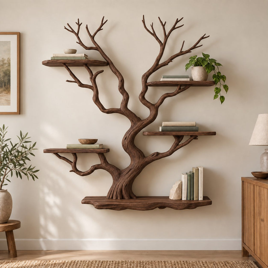 Tree-Branch Bookshelf, Sculptural Solid Wood Wall-Mounted Shelf with Live-Edge Platforms in Natural Oak
