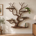 Tree-Branch Bookshelf, Sculptural Solid Wood Wall-Mounted Shelf with Live-Edge Platforms in Natural Oak