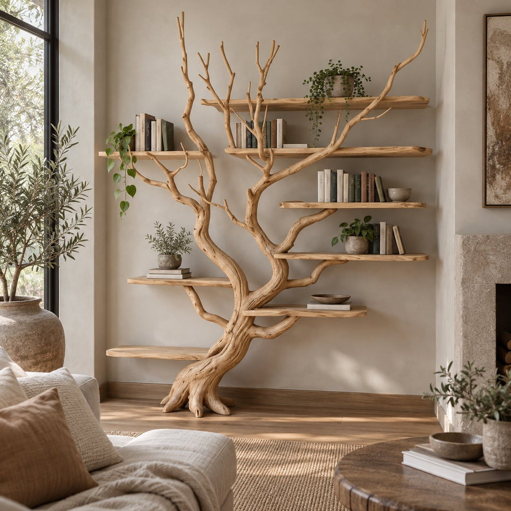 Driftwood Tree Bookshelf, Wall-Mounted Solid Wood Branch Bookcase with Staggered Floating Shelves