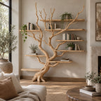 Driftwood Tree Bookshelf, Wall-Mounted Solid Wood Branch Bookcase with Staggered Floating Shelves