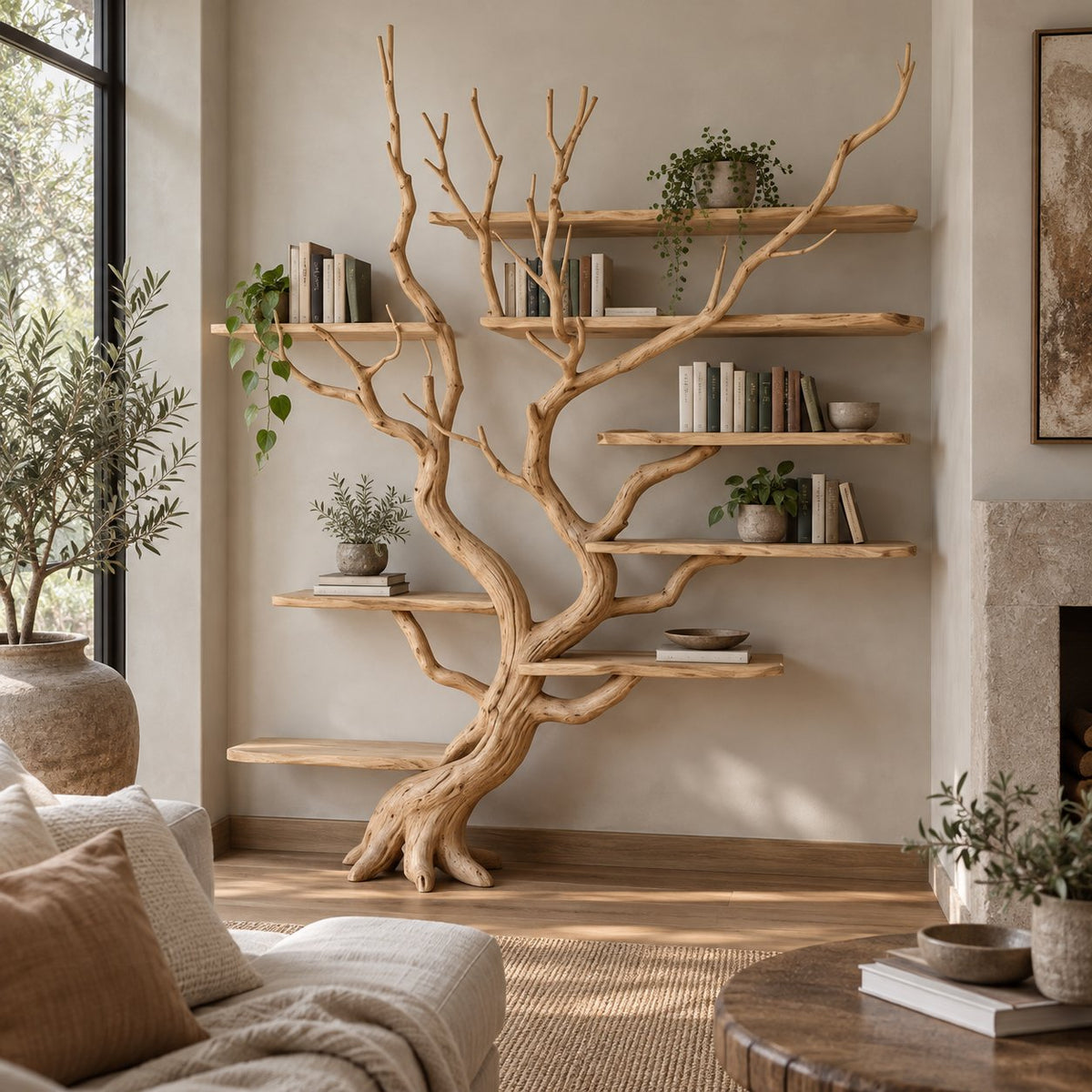 Driftwood Tree Bookshelf, Wall-Mounted Solid Wood Branch Bookcase with Staggered Floating Shelves