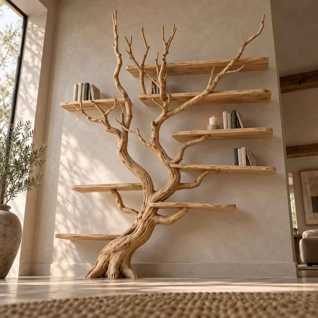 Driftwood Tree Bookshelf, Wall-Mounted Solid Wood Branch Bookcase with Staggered Floating Shelves