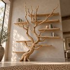 Driftwood Tree Bookshelf, Wall-Mounted Solid Wood Branch Bookcase with Staggered Floating Shelves