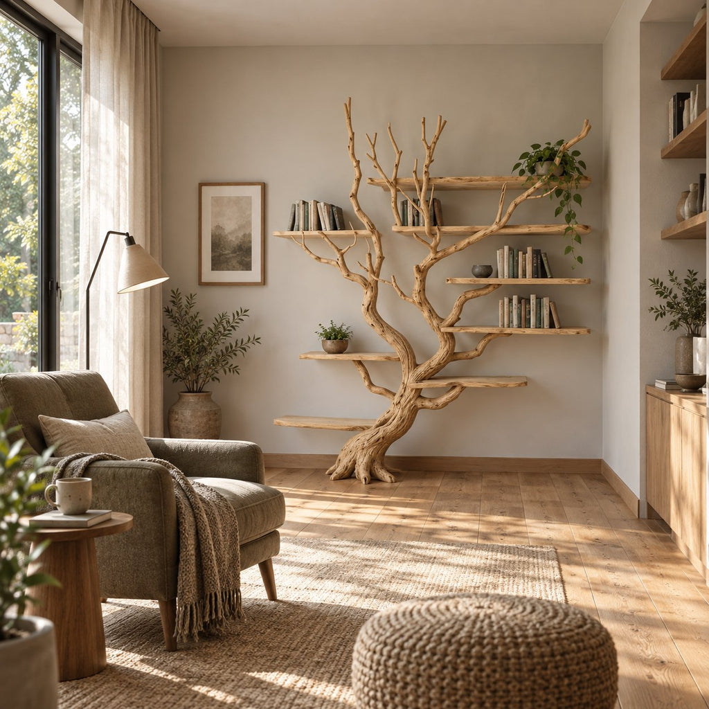 Driftwood Tree Bookshelf, Wall-Mounted Solid Wood Branch Bookcase with Staggered Floating Shelves