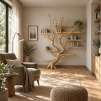 Driftwood Tree Bookshelf, Wall-Mounted Solid Wood Branch Bookcase with Staggered Floating Shelves