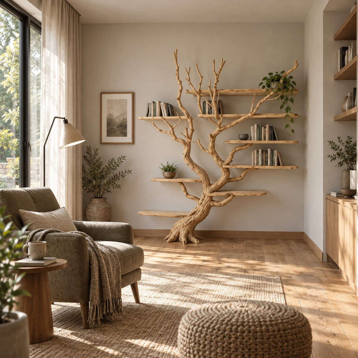Driftwood Tree Bookshelf, Wall-Mounted Solid Wood Branch Bookcase with Staggered Floating Shelves