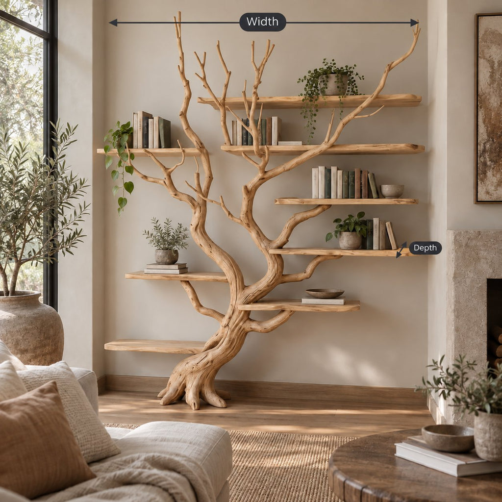 Driftwood Tree Bookshelf, Wall-Mounted Solid Wood Branch Bookcase with Staggered Floating Shelves