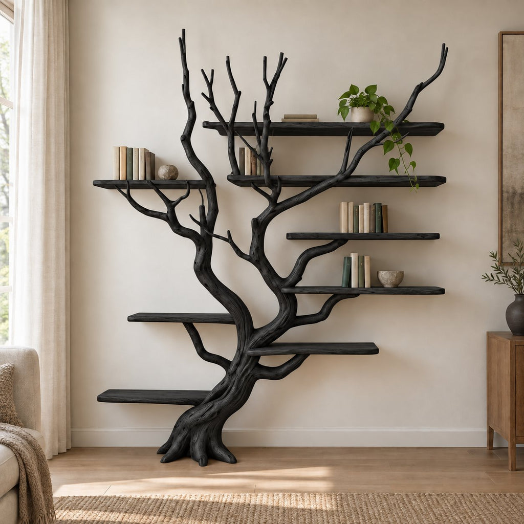 Driftwood Tree Bookshelf, Wall-Mounted Solid Wood Branch Bookcase with Staggered Floating Shelves