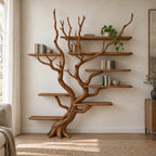 Driftwood Tree Bookshelf, Wall-Mounted Solid Wood Branch Bookcase with Staggered Floating Shelves