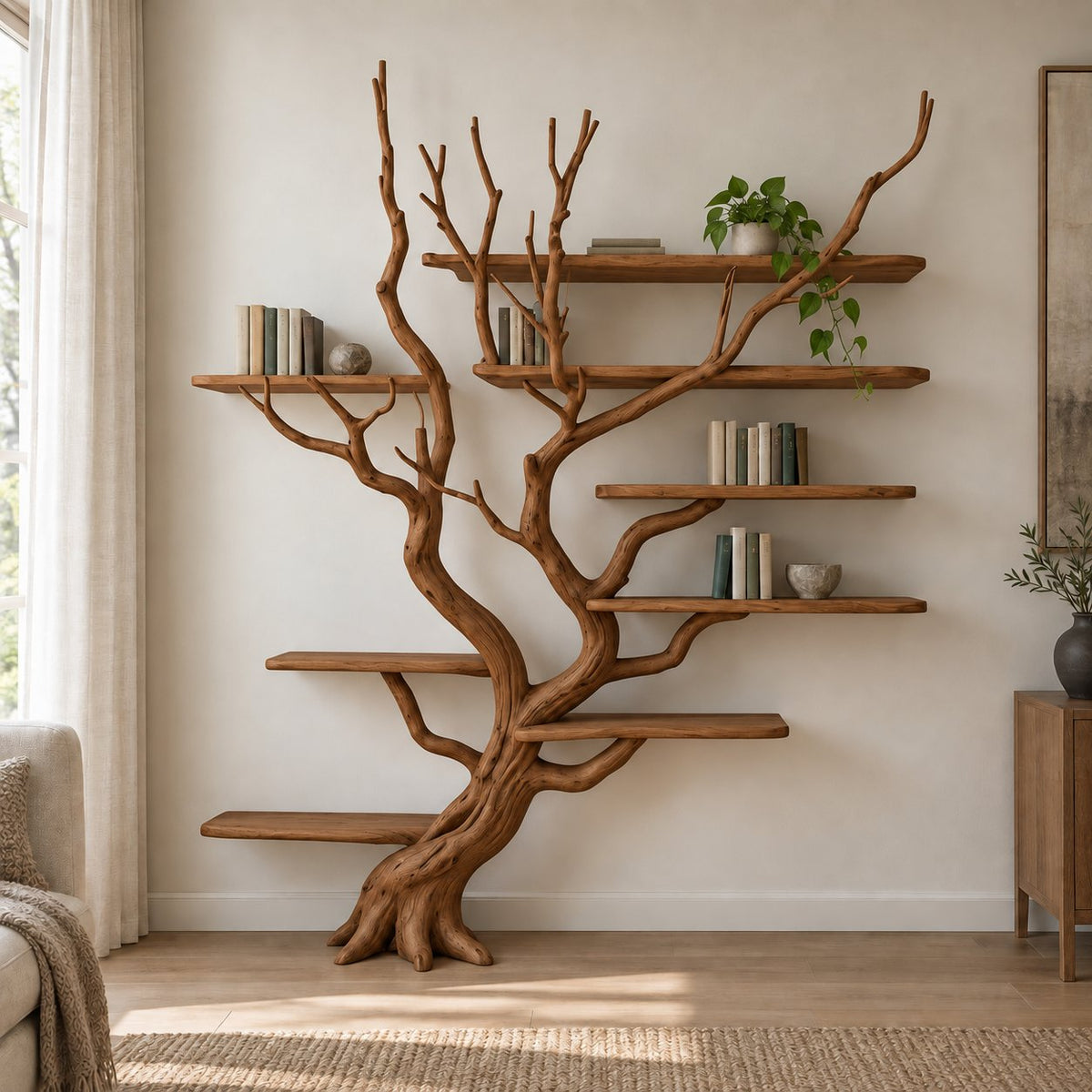 Driftwood Tree Bookshelf, Wall-Mounted Solid Wood Branch Bookcase with Staggered Floating Shelves