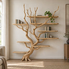 Driftwood Tree Bookshelf, Wall-Mounted Solid Wood Branch Bookcase with Staggered Floating Shelves