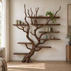 Driftwood Tree Bookshelf, Wall-Mounted Solid Wood Branch Bookcase with Staggered Floating Shelves