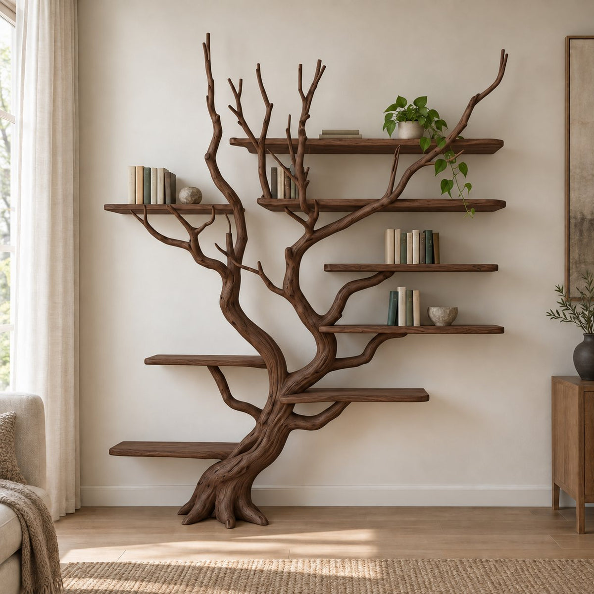 Driftwood Tree Bookshelf, Wall-Mounted Solid Wood Branch Bookcase with Staggered Floating Shelves