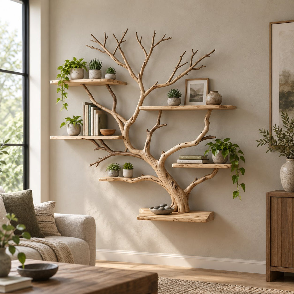 Branch Bookshelf, Solid Wood Driftwood Tree Wall-Mounted Book Display in Natural Oak