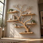 Branch Bookshelf, Solid Wood Driftwood Tree Wall-Mounted Book Display in Natural Oak