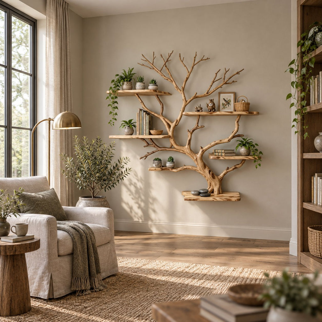 Branch Bookshelf, Solid Wood Driftwood Tree Wall-Mounted Book Display in Natural Oak