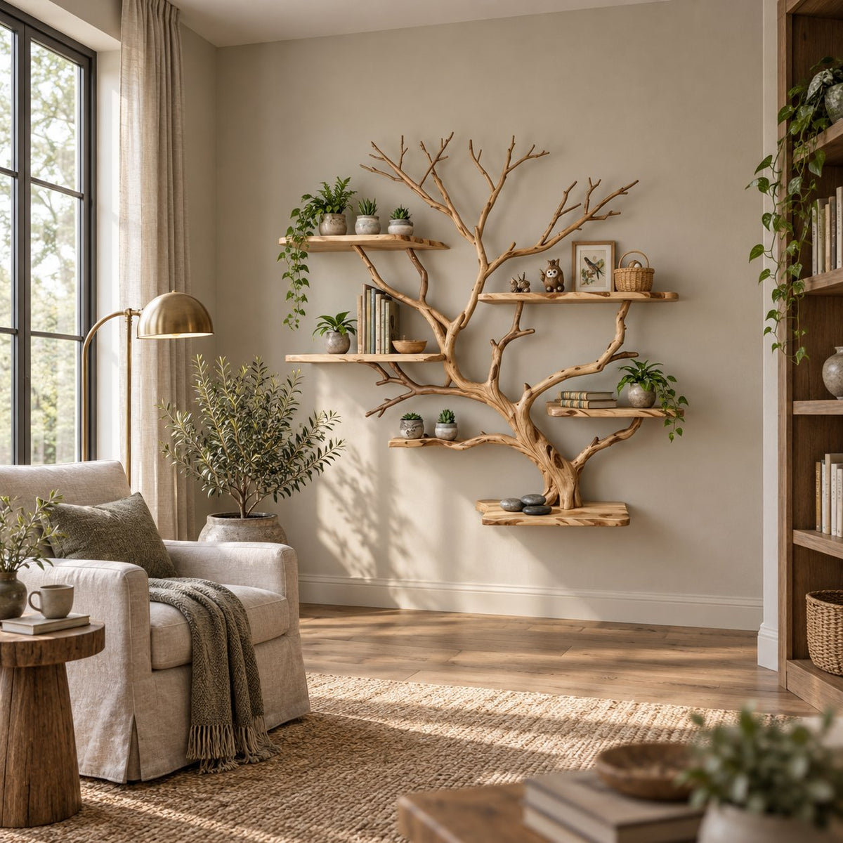 Branch Bookshelf, Solid Wood Driftwood Tree Wall-Mounted Book Display in Natural Oak