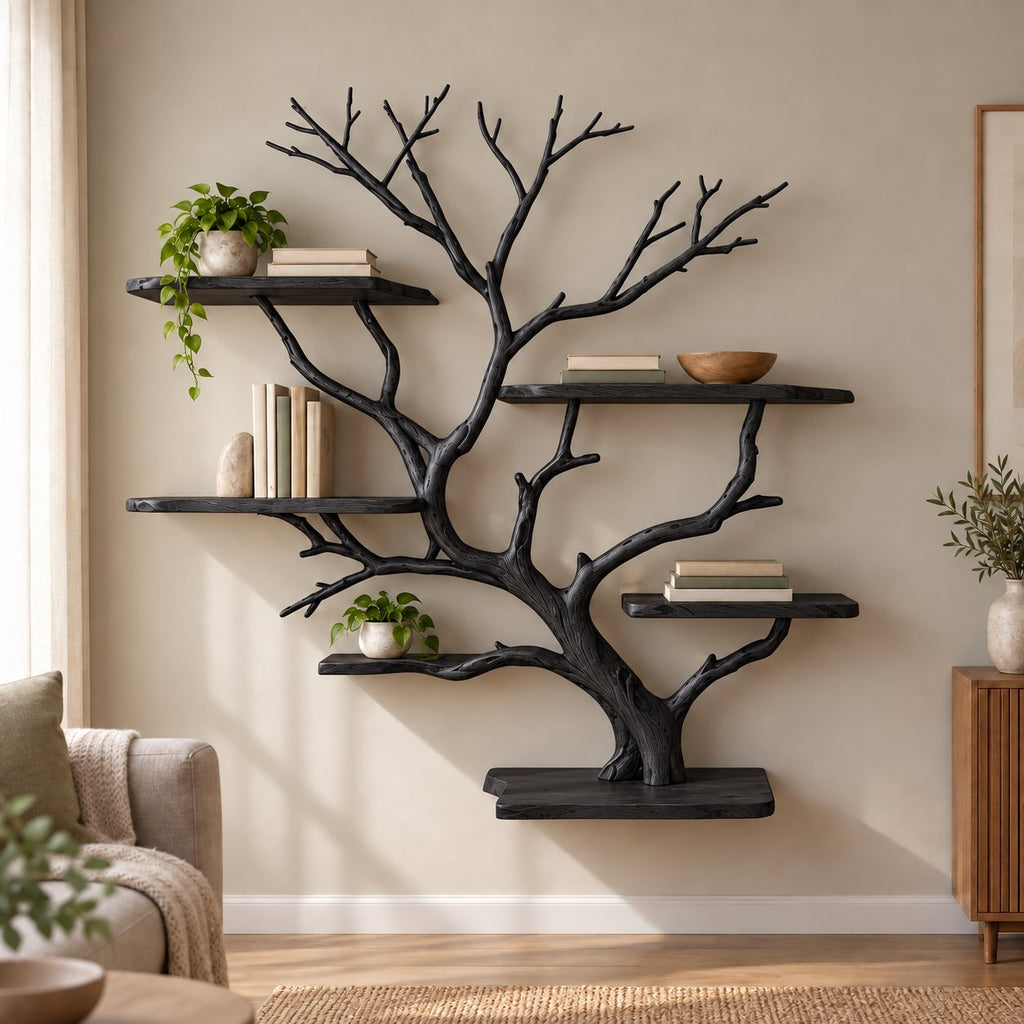 Branch Bookshelf, Solid Wood Driftwood Tree Wall-Mounted Book Display in Natural Oak