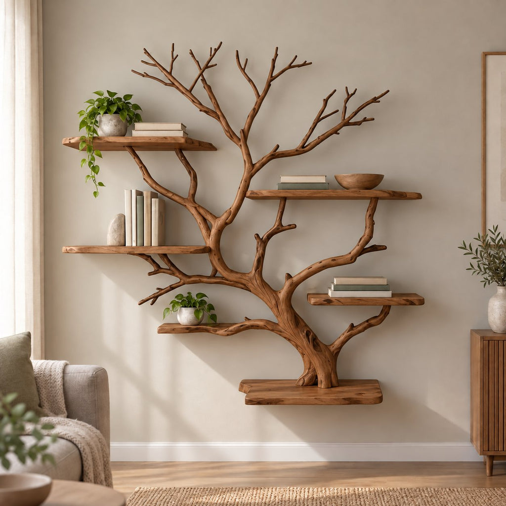 Branch Bookshelf, Solid Wood Driftwood Tree Wall-Mounted Book Display in Natural Oak